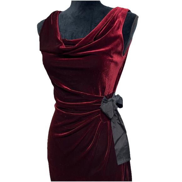Velvet Y2K Style Cowl Neck Dress Slimming Ruched Tie Side Sz 6 Glam Stretch - Picture 1 of 15